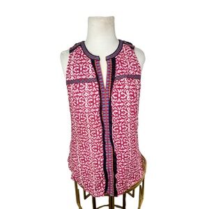 A Common Thread Top Notch Neck Dark Red White Batik Print Embroidered Boho